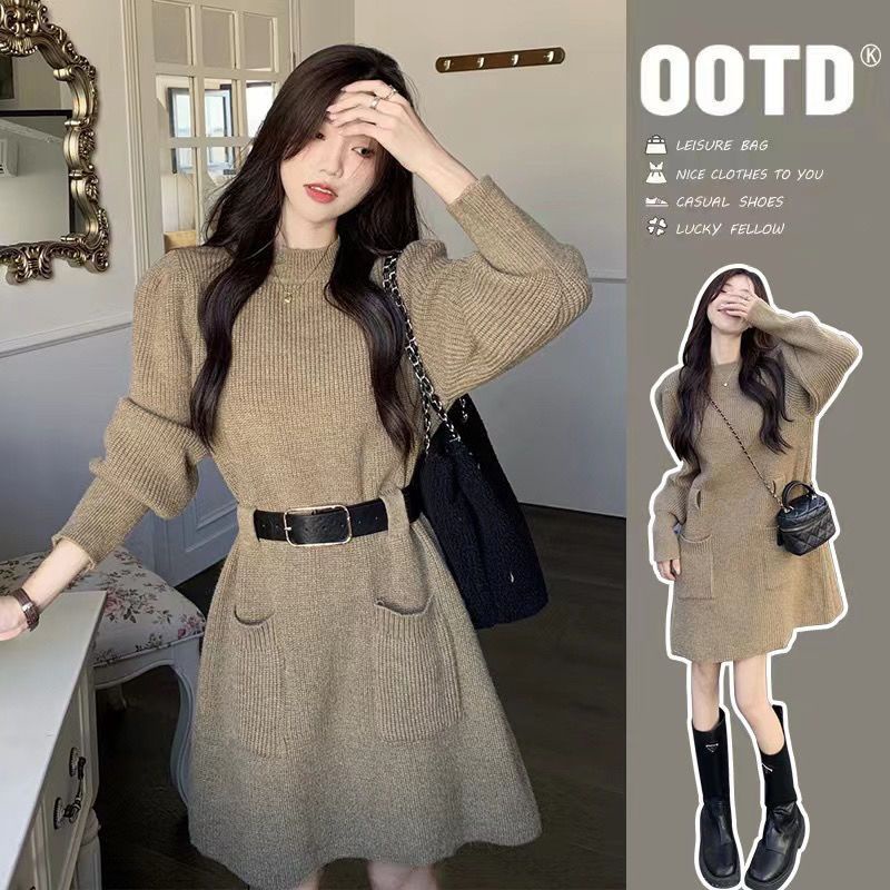 Đầm Dệt Kim Tay Dài Cổ Tròn Dáng Rộng Phong Cách Hàn Quốc Thời Trang Thu Đông Mới Cho Nữ