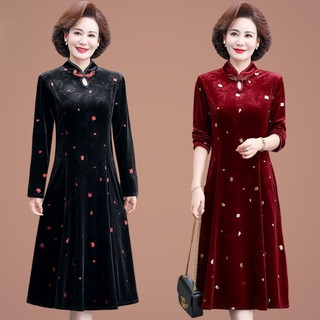 Hàng Mới Về Đầm Sườn Xám Nhung Dài Tay Dáng Rộng Thời Trang Xuân Thu Cho Nữ Trung Niên