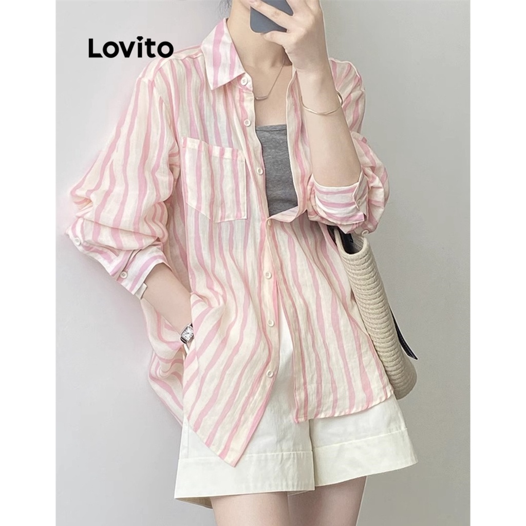 Lovito Áo kiểu có túi sọc thanh lịch cho nữ LNE27201 (Hồng)