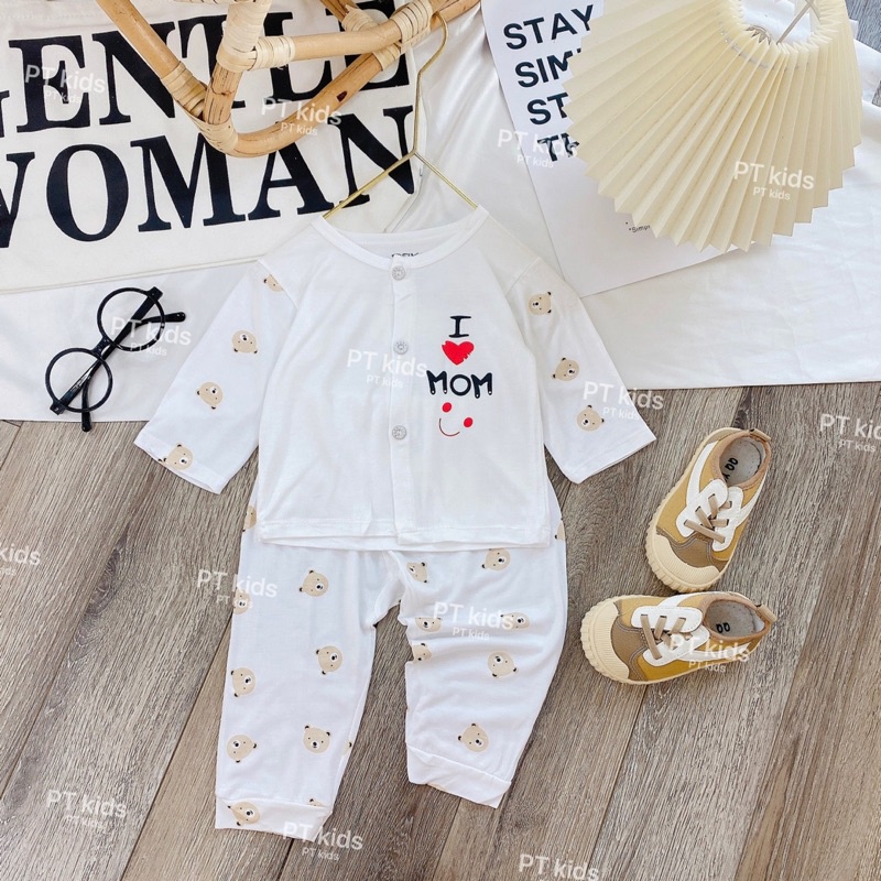 Bộ dài tay cài thẳng trắng hoạ tiết Pjkids chất thun lạnh loại 1 cho bé