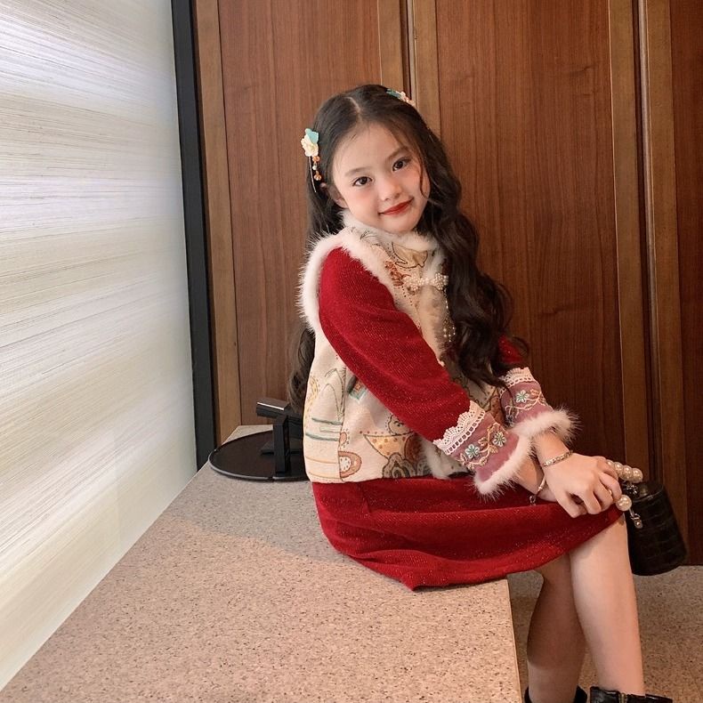 Đầm Sườn Xám Vải Lông Cừu Màu Đỏ Kiểu Trung Hoa Thời Trang Năm Mới Cho Bé Gái