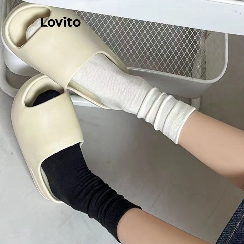 Lovito Tất cơ bản trơn thông thường cho nữ LNE39066 (Trắng/Trắng nhạt/Đen)
