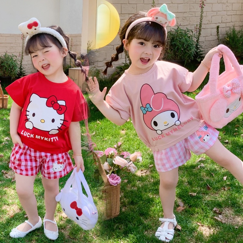 Sanrio set Áo Thun Tay Ngắn & Quần short In Hình kuromi & hello kitty Cho Bé Gái