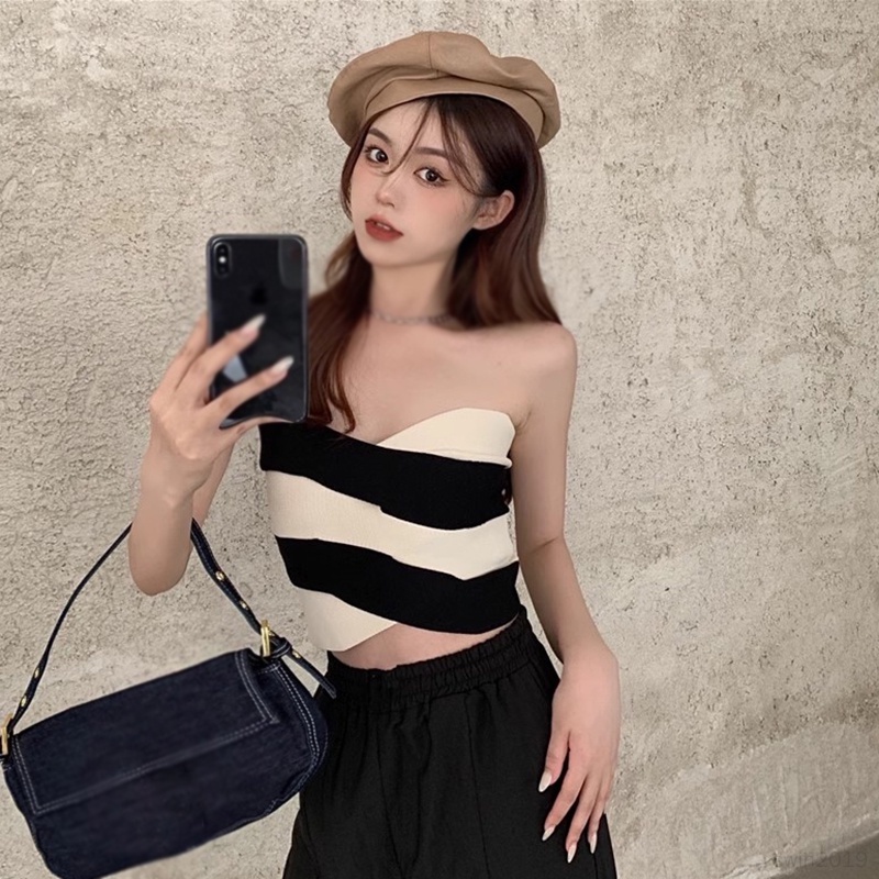 Áo Croptop Dệt Kim Sát Nách Kẻ Sọc Màu Tương Phản Kiểu Hàn Quốc Thời Trang Mùa Hè Cho Nữ