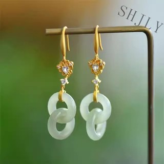 Bông tai mạ vàng 18k đính đá ngọc bích phong cách trung hoa thời trang dễ phối đồ