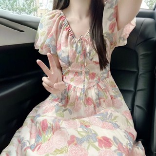 Đầm Dáng Chữ a Tay Phồng Cổ Chữ v Họa Tiết Hoa Thời Trang Mùa Hè Dành Cho Nữ