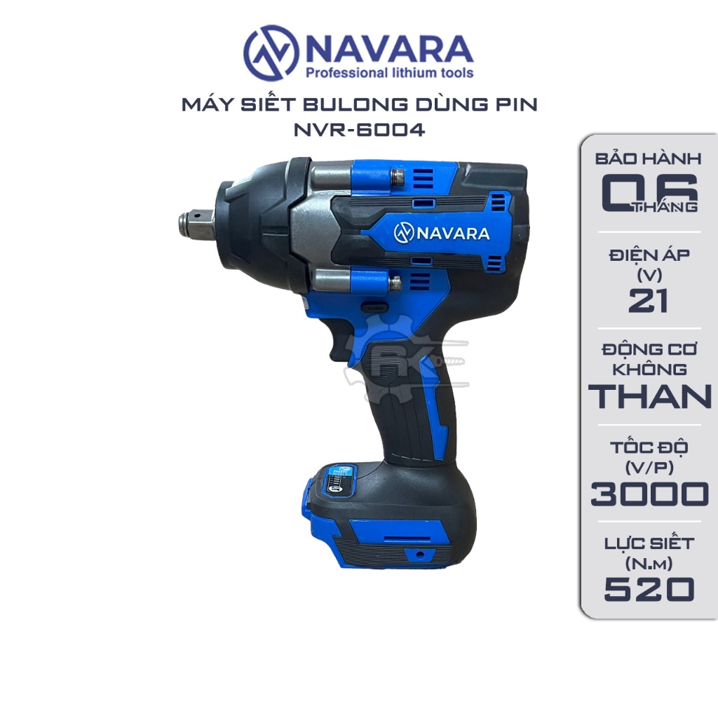 Thân máy siết bulong NAVARA 6004, Lực siết 520Nm, Động cơ Không chổi than