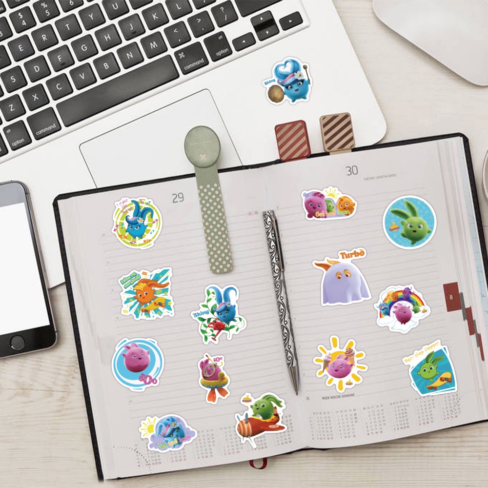 J· Hình Dán Chống Nước Sunny Bunnies Mũ Bảo Hiểm Máy Tính Xách Tay Hành Lý Dán Thiết Lập, 53 tờ