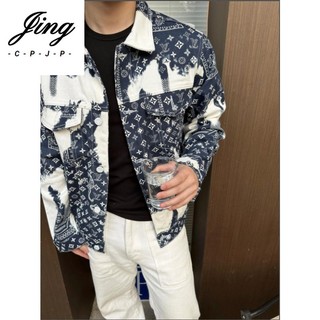 Áo khoác denim nhuộm màu loang in hoa 23fw mới