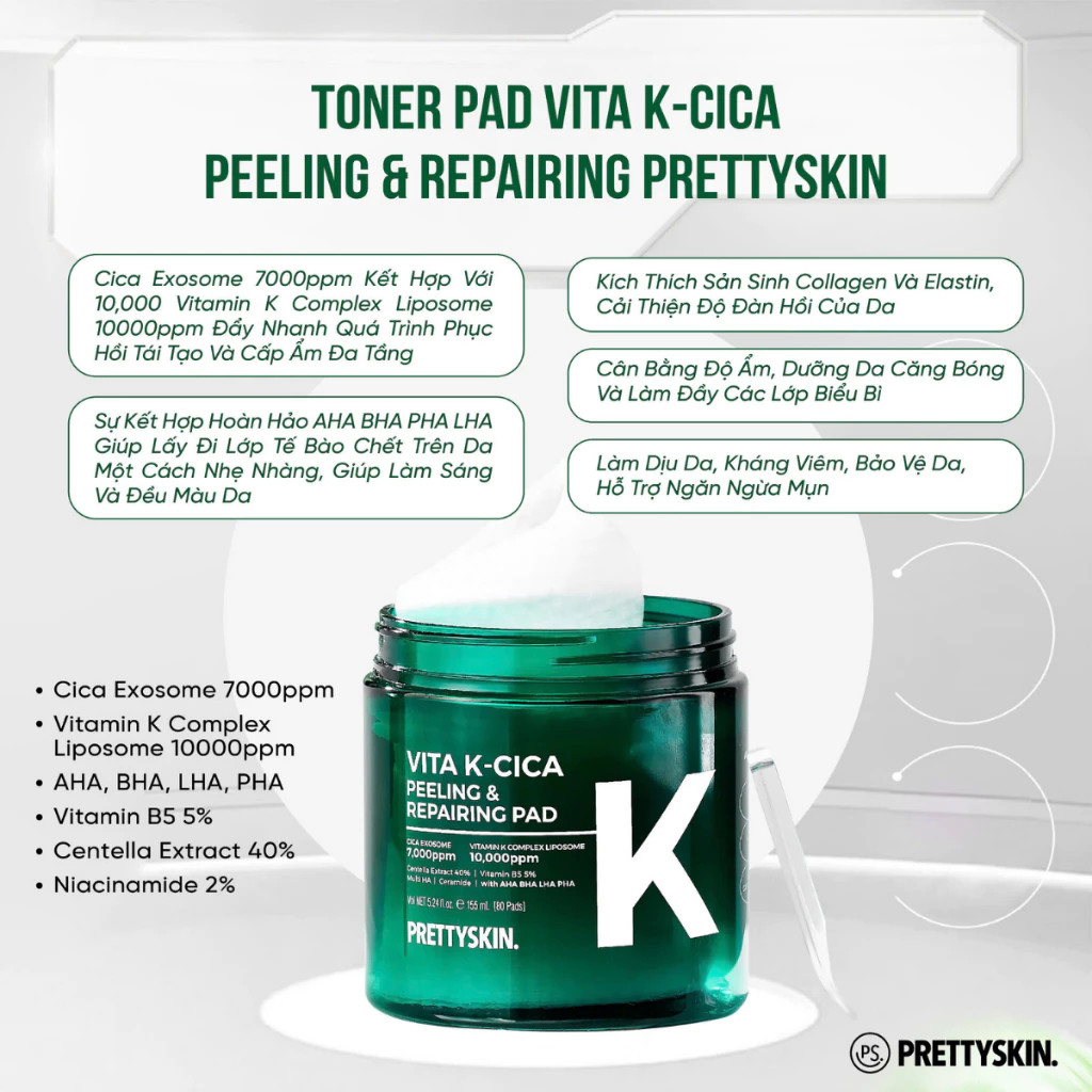 Toner Pad Làm Dịu Da, Giảm Mụn, Giúp Da Căng Bóng Prettyskin Vita K-Cica Peeling & Repairing Pad Hàn Quốc 80 Miếng/155ml