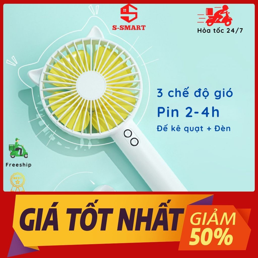 Quạt Mini Tích Điện Cầm Tay & Để Bàn - 3 Chế Độ Gió - Pin 4H - Sạc USB - Có Đèn