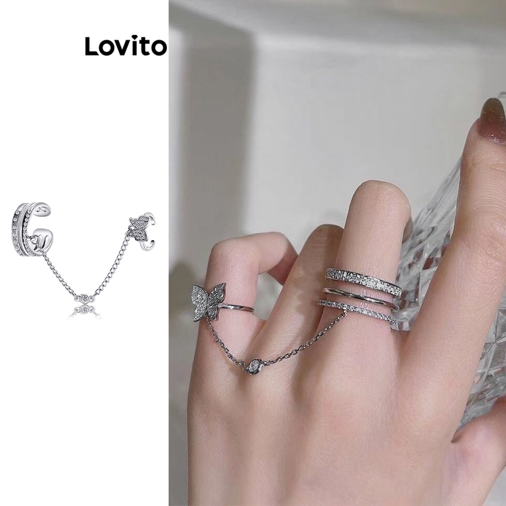 Nhẫn Lovito đính đá hình bươm bướm màu trơn thường ngày cho nữ L63AD045 (màu bạc)