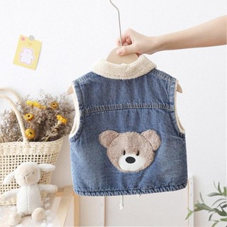 Áo Khoác denim Sát Nách Lót Lông Cừu Dày Dặn Giữ Ấm Mùa Đông Cho Bé Trai
