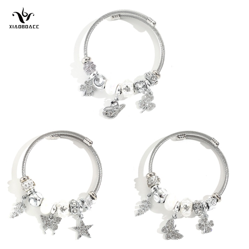 XiaoboACC Vòng Tay Bạc Mặt Hình Bướm Đính Đá Bằng Thép Không Gỉ Sang Trọng Thời Trang Cho Nữ
