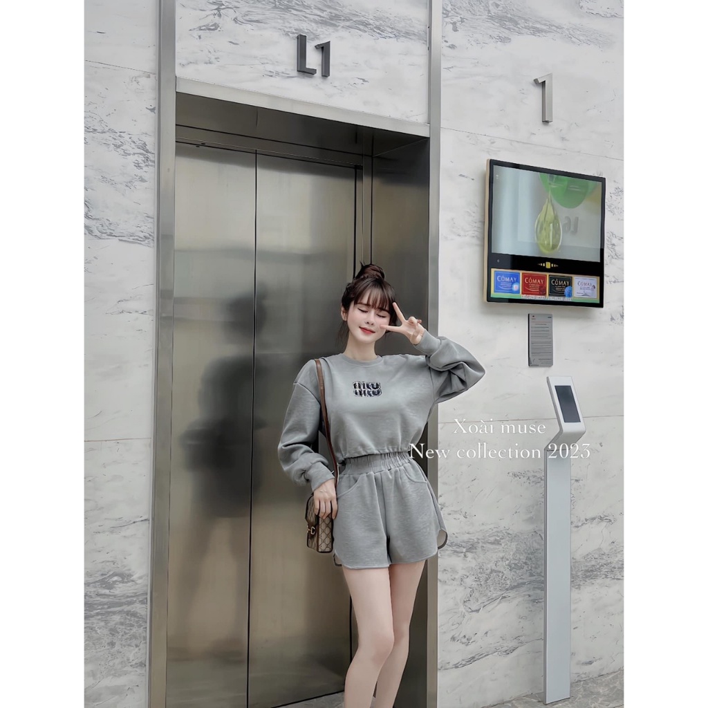 Sét áo cortop tay dài mix quần đùi chữ đá nổi sịn đét TN655CCC