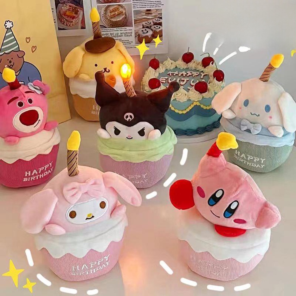 Sanrio Thú Nhồi Bông Hình Bánh Kem Sinh Nhật Có Thể Hát Đèn Flash Kuromi Cinnamonroll Dâu Tây Dễ Thương