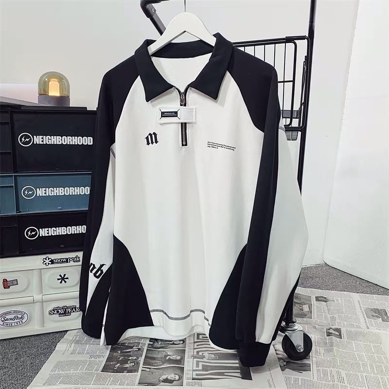 Áo nỉ sweater polo cho nam và nữ , phối màu đen trắng thêu chữ M kiểu dáng unisex 2023 EA096 Meme