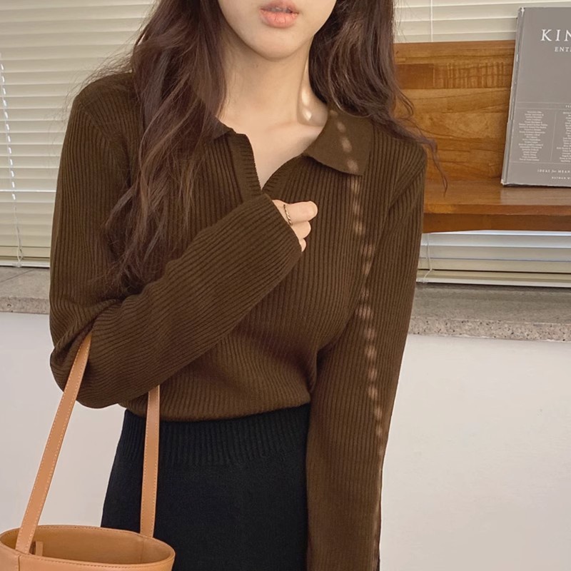 Ielgy Áo sweater Dệt Kim Màu Cà Phê Đơn Giản Đa Năng Phong Cách Hàn Quốc Cho Nữ