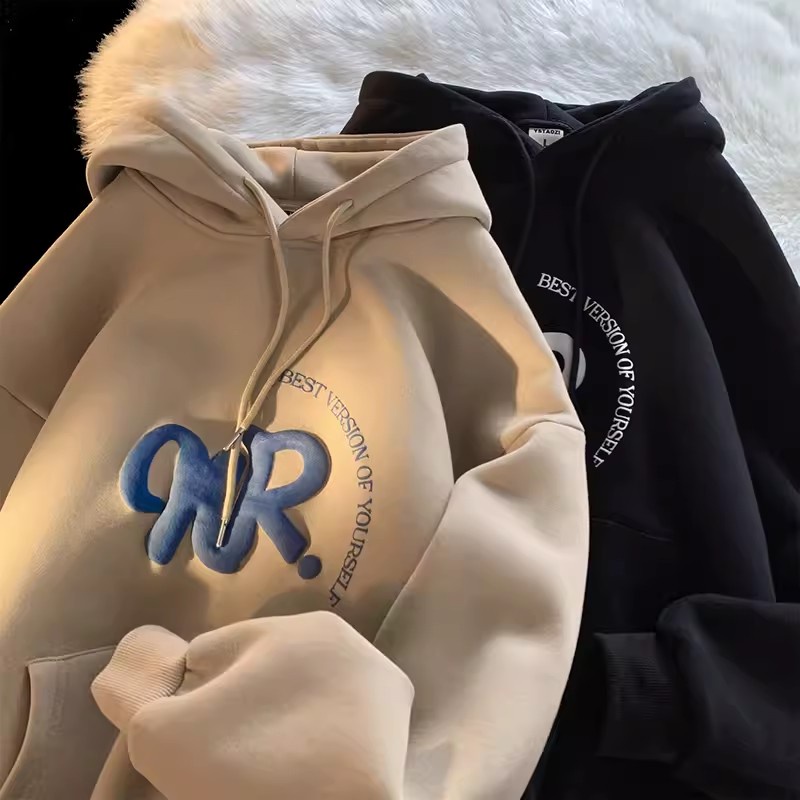 M-8XLáo khoác nam hoodie Tay Dài Dáng Rộng Kaki In Chữ Thời Trang Xuân Thu Mới Unisex