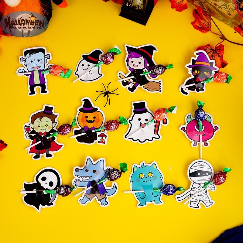Set 50 Thẻ Hình Kẹo Mút / Bí Ngô / Đầu Lâu / Quái Vật Trang Trí Tiệc halloween vn