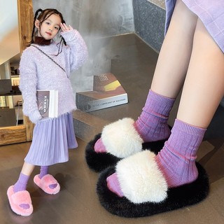 IKIDS Giày cô gái mùa thu và mùa đông, dép trẻ em, phong cách nước ngoài, bông sang trọng, kéo giày size lớn, giày nữ của bạn học