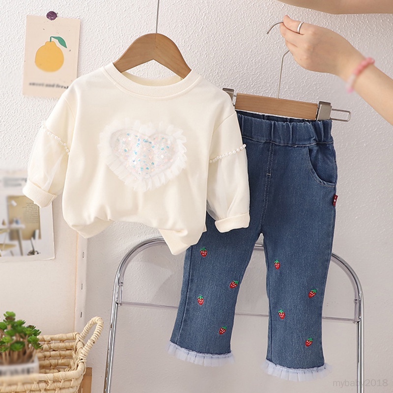 Set Đồ 2 Món Gồm Áo hoodie cotton Tay Phồng Đính Ngọc Trai + Quần Jean Lưng Thun Cho Bé Gái