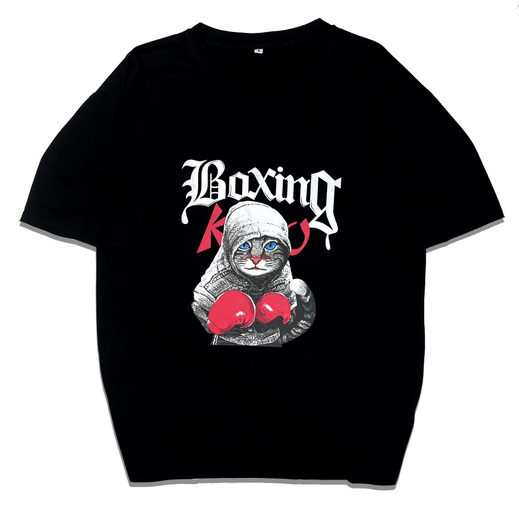 Áo Phông Rộng Nam Nữ Tay Lỡ  Áo Thun Nam Cổ Tròn Giá Rẻ In Hình Mèo Boxing