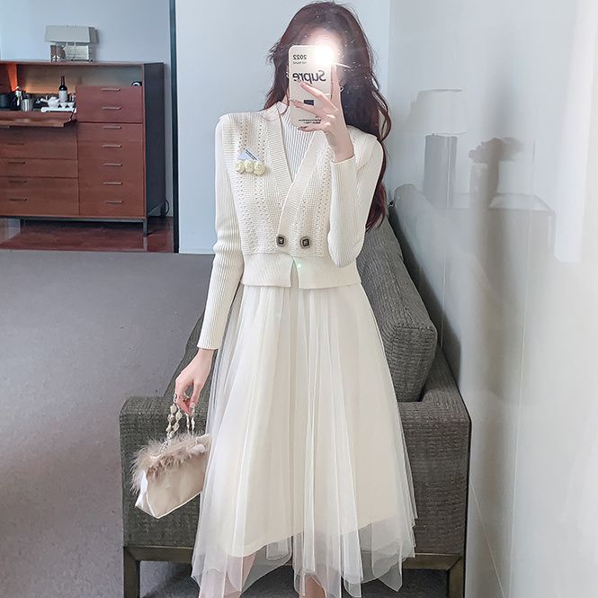 Bộ Đầm Dệt Kim Hai Món Thời Trang Xuân Thu 2023 Chất Lượng Cao