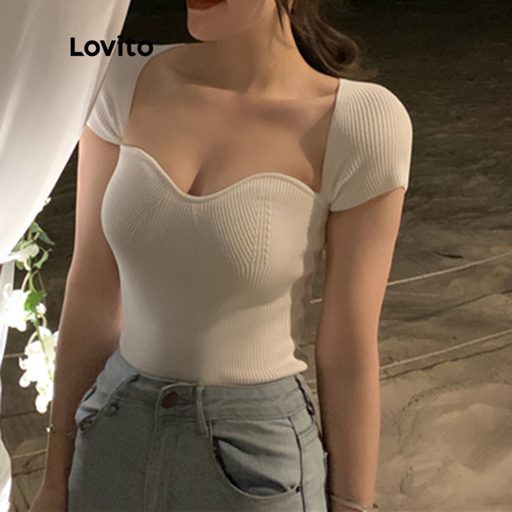 Áo Lovito cổ vương tay ngắn dệt kim sọc gân màu trơn thường ngày cho nữ LNA13033