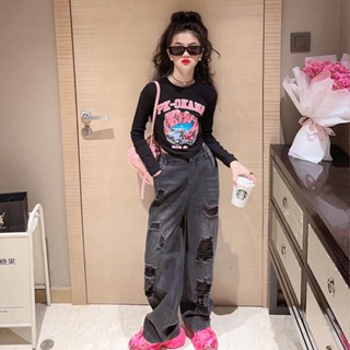 Set Áo Thun Tay Dài Phối Quần jeans Rách Thời Trang Mùa Thu Cho Bé Gái