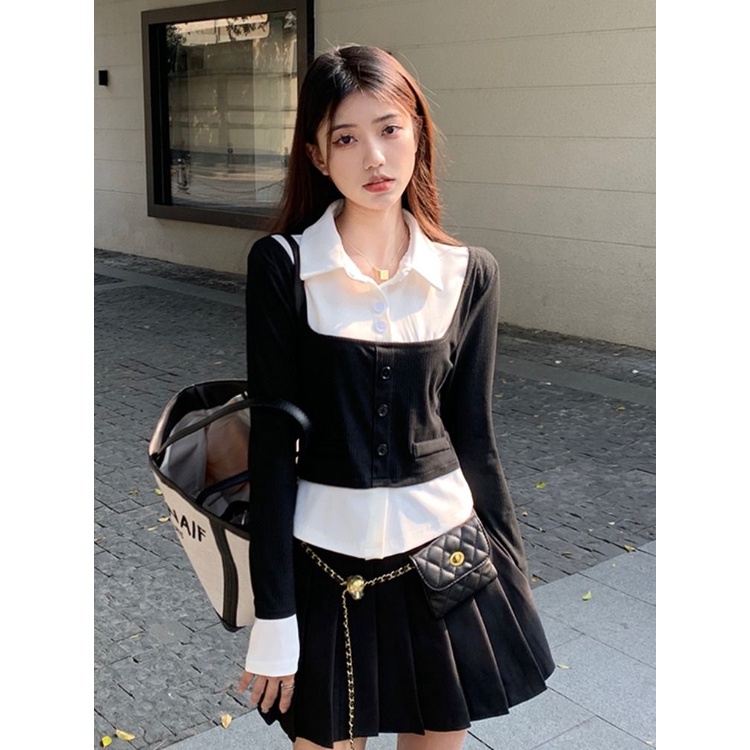 Áo Sơ Mi Ngắn Tay Dài Giả Hai Lớp Màu Sắc Tương Phản Phong Cách Pháp Thời Trang Xuân Thu Cho Nữ