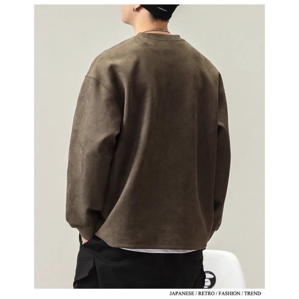 Áo sweater da lộn cổ tròn dáng rộng thời trang thu đông dành cho nam giới