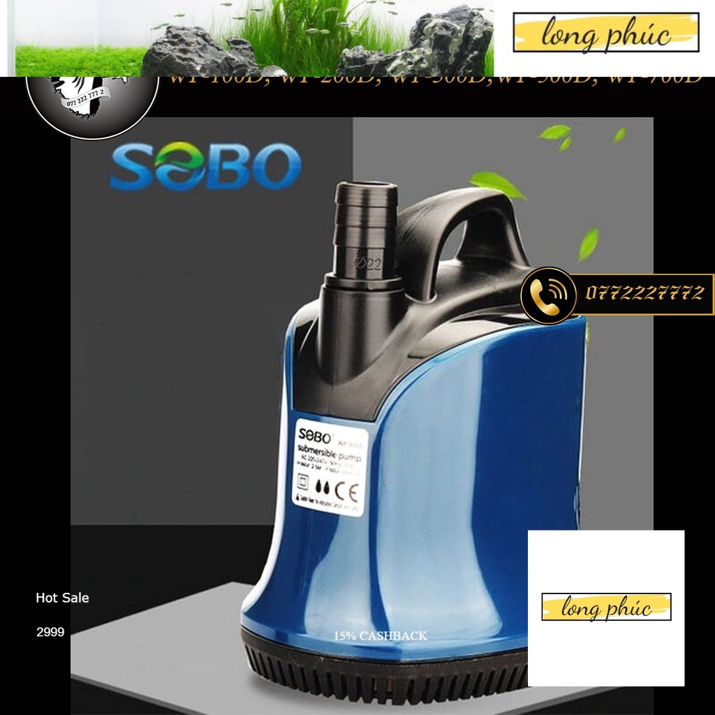 Máy Bơm Chìm Hút Đáy 360 độ chạy êm, hạn chế tiếng ồn SOBO WP-100D, WP-200D, WP-300D, WP-500D, WP-70