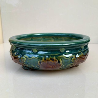  GV. Chậu Tròn vân nổi Long bonsai cây kiểng màu xanh ngọc SP645 