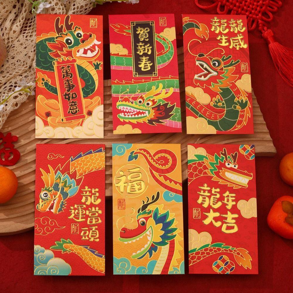 Lưng set 6 Bao Lì Xì Đỏ May Mắn 2024 Họa Tiết Rồng Cho Năm Mới 2024