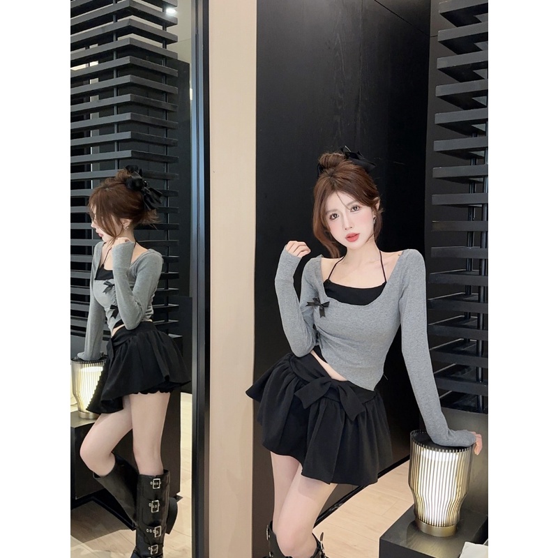 Set Áo Thun Tay Dài Phối Bèo Nhún + Quần Yếm Thời Trang Cho Nữ