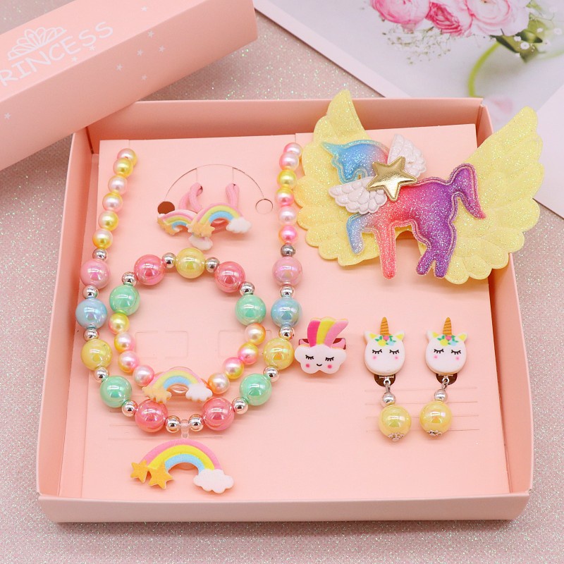 Bộ Trang Sức 8 Món Họa Tiết Kỳ Lân Cầu Vồng Hoạt Hình Dễ Thương Cho Bé Gái