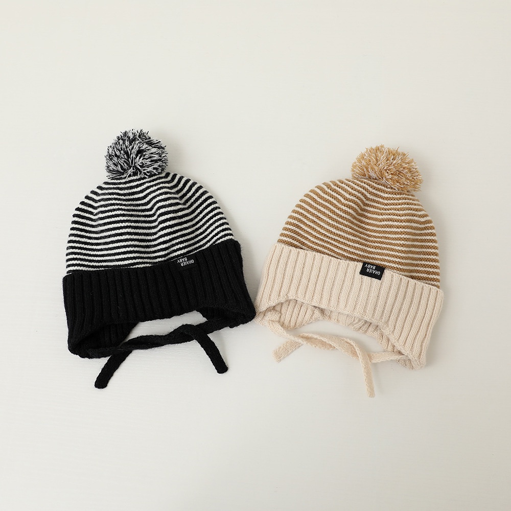 Mũ Len Dệt Kim Giữ Ấm Tai Họa Tiết Kẻ Sọc Đính Quả Bông Dễ Thương Thời Trang Thu Đông Cho Bé