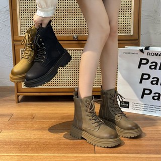 Mùa Xuân Thu Retro Phong Cách Anh Tròn Ngón Chân Giữa Gót Giày Bốt Martin Da PU Bên Dây Kéo Thanh Niên Vuông Gót Ngắn Ống Giày Bốt Thời Trang Nữ