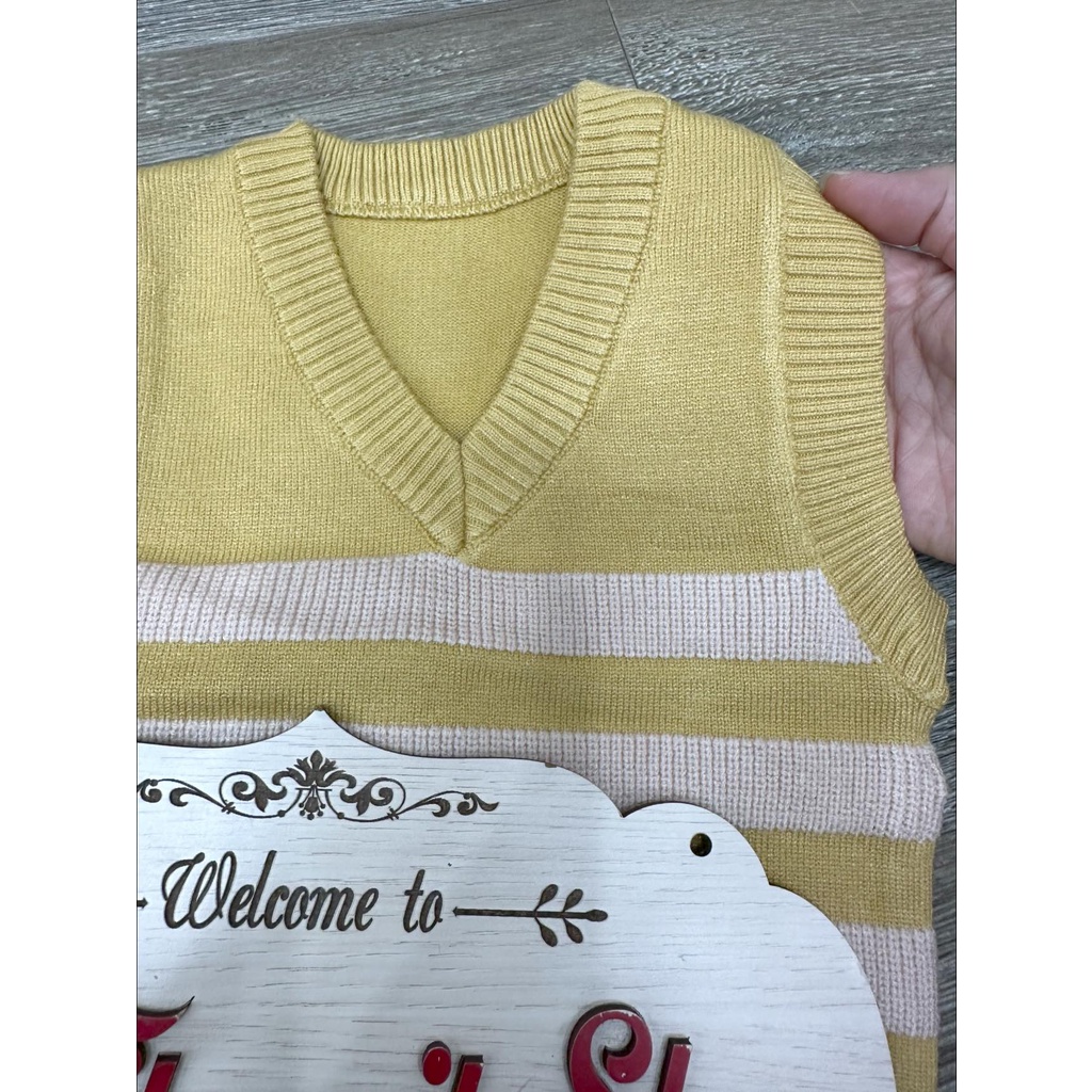 Áo gile len quảng châu cổ tim kẻ cho bé trai bé gái mặc thu đông