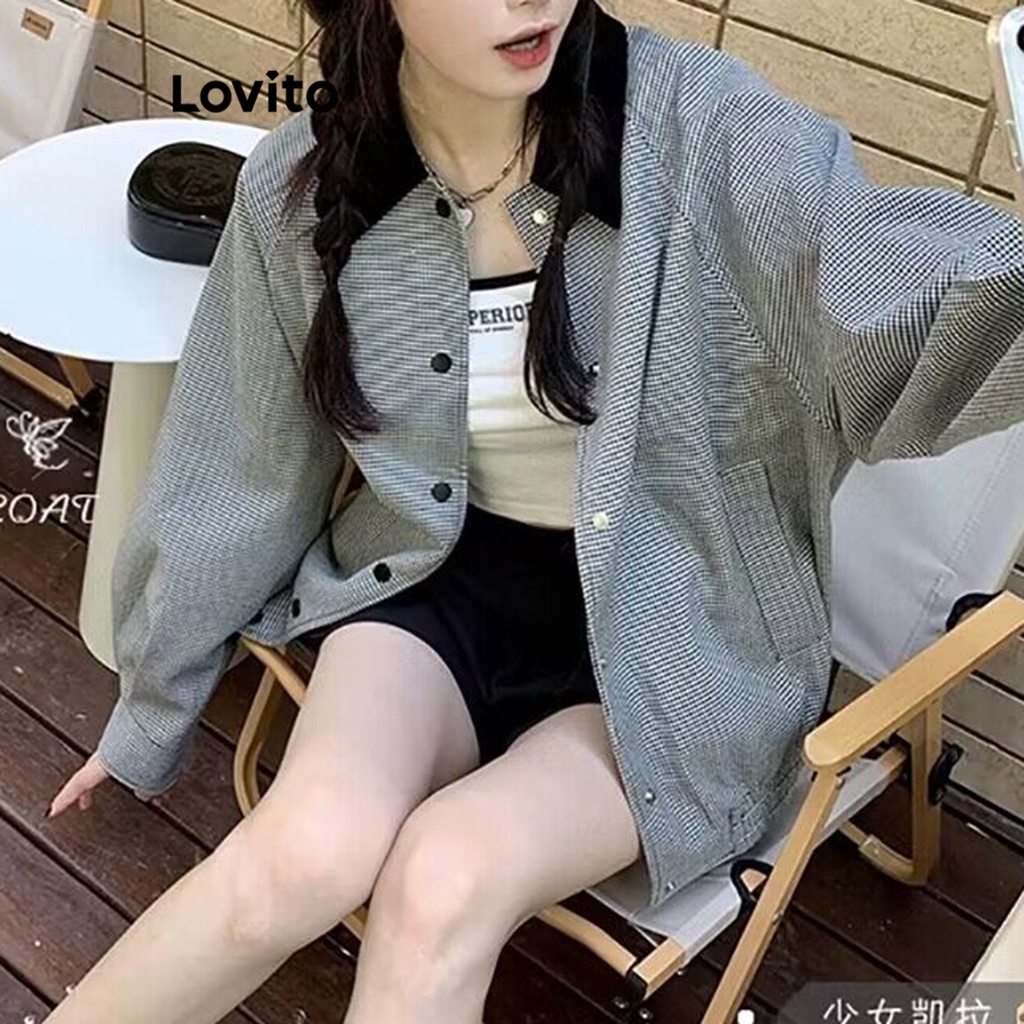 Lovito Áo khoác Houndstooth Colorblock có nút phía trước thông thường dành cho nữ LNE29412