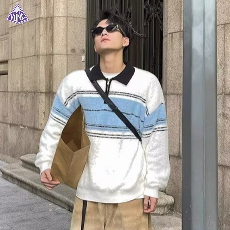 Vunc Áo sweater Cổ Bẻ Kẻ Sọc Phong Cách retro Mỹ Cho Nam Giới