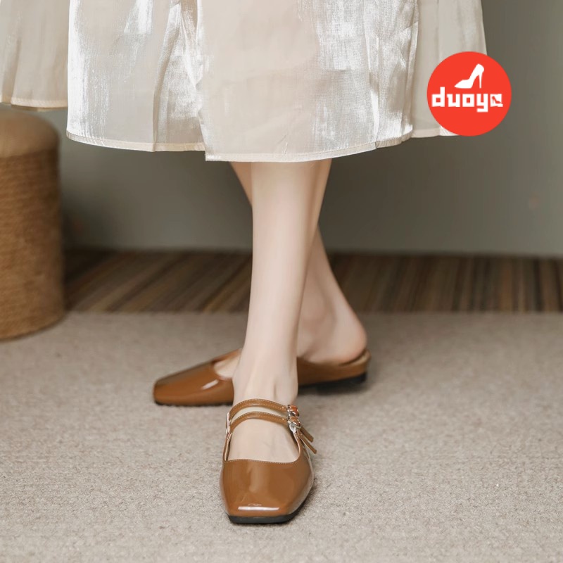Duoya Tóc Thẳng ~  Dép Bít Mũi Vuông Đế Bằng Thời Trang Mùa Xuân Dễ Phối Đồ Cho Nữ