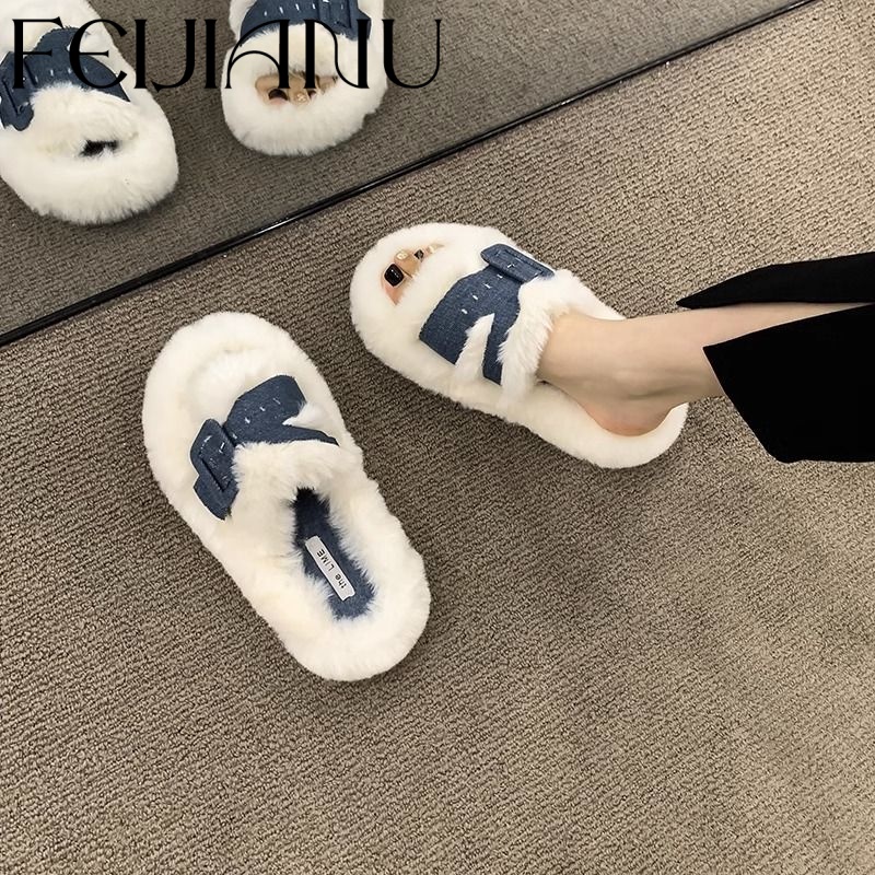 FEIJIANU  Dép bông Dép Lông đi trong nhà ĐẾ CAO SU Độn đế Thiết kế độc đáo Thể thao và thời trang Điểm nhấn FMR23A0002 41Z231012