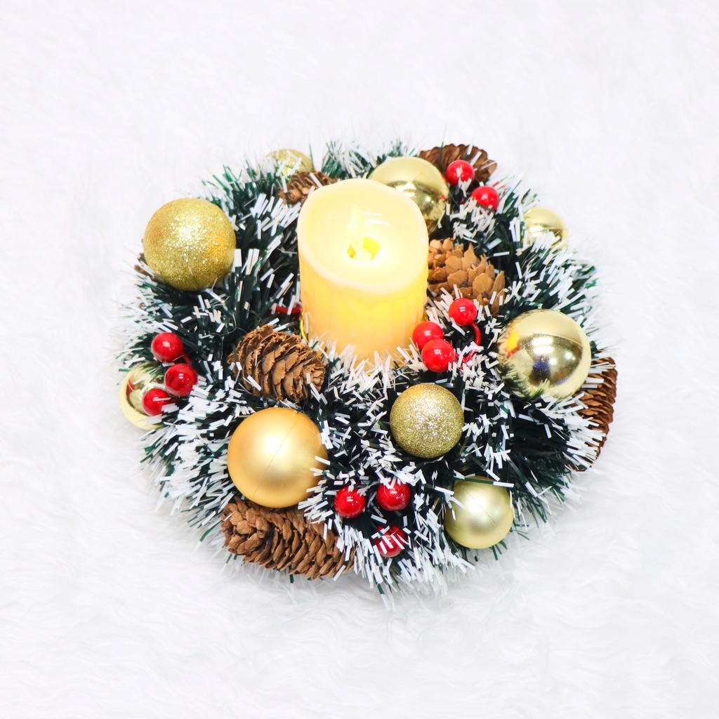 Khay Nến Giáng Sinh NEN09_Khay Nến trang trí đốm tuyết quả châu (nến điện tử tim lắc)