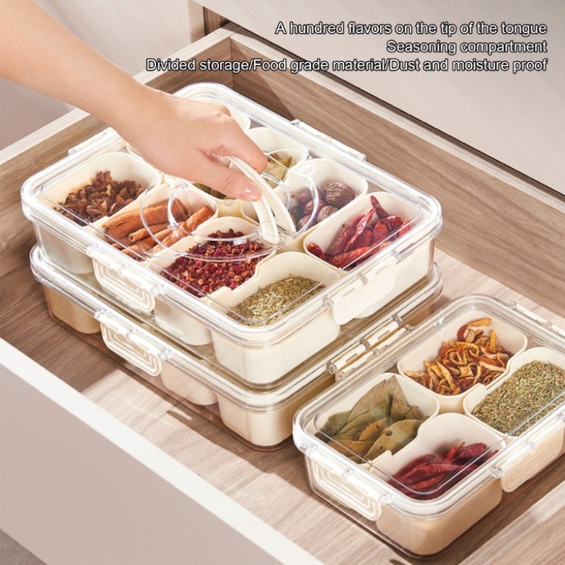 Hộp Đựng Gia Vị 4 / 8 Ngăn Bằng Nhựa Trong Suốt Có Nắp Đậy