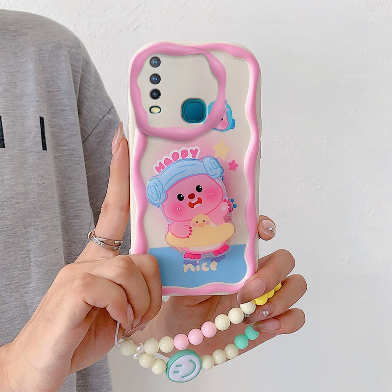 Ốp Điện Thoại Màu Kem Hoạt Hình Có Dây Đeo Cho vivo 1916 y17 y15 u10 y11 u3x y15 y3 y12 y12i y3s Đứng