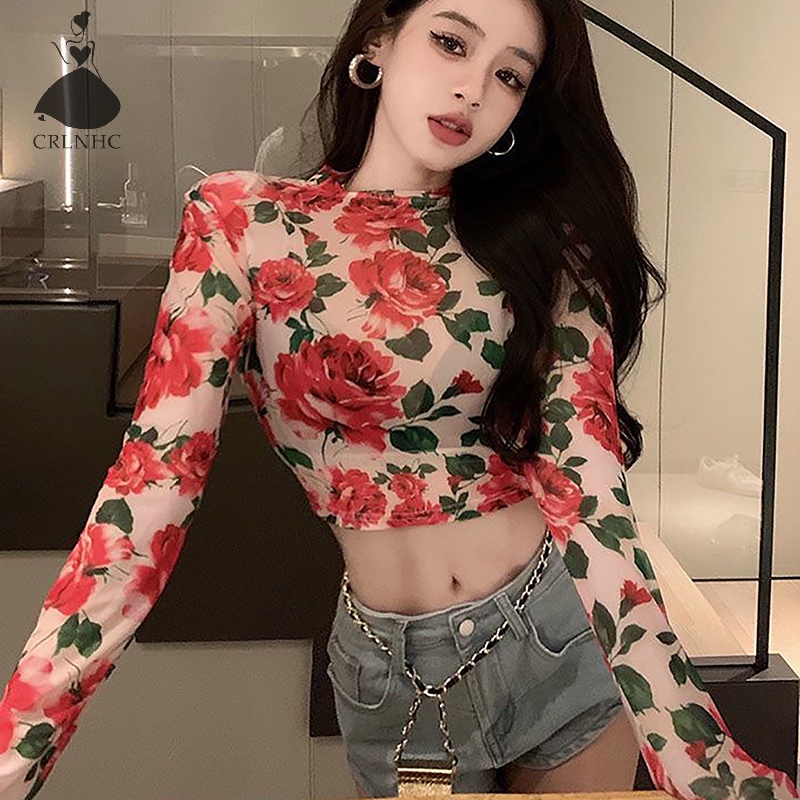 Áo Thun crop top Tay Dài Cổ Tròn In Hoa Thời Trang Mùa Thu Cho Nữ