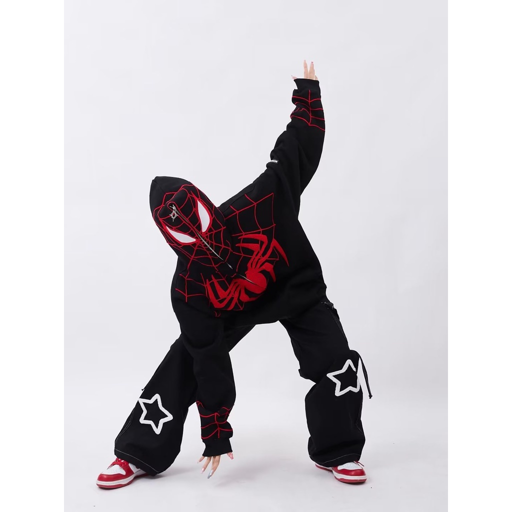 Áo Khoác sweater Có Mũ Trùm Tay Dài In Hình Nhện Kiểu retro Mỹ Thời Trang Mùa Thu 2023 Mới
