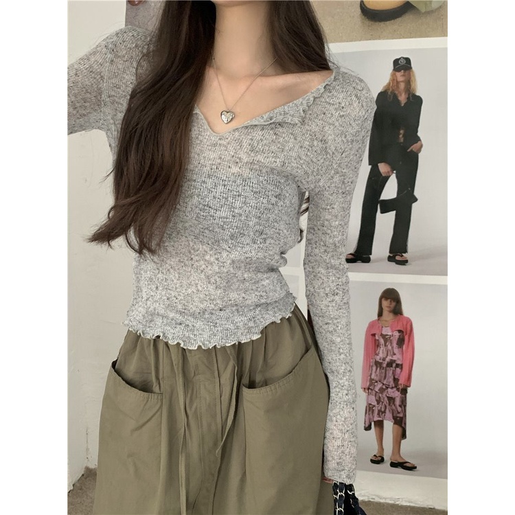 Áo Thun Tay Dài Cổ Chữ V Phối Ren Phong Cách Hàn Quốc Quyến Rũ Cho Nữ
